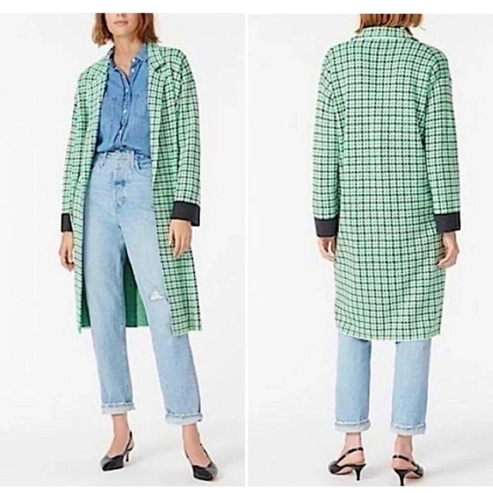 NWT J.Crew Ella in Ivory Neon Emerald Plaid Open-Front Long Sweater-Blazer S